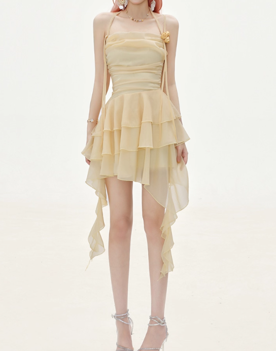 Flowy A Line Halter Layered Yellow Chiffon Open Back Short Homecoming Dress Cocktail Dress SH3174