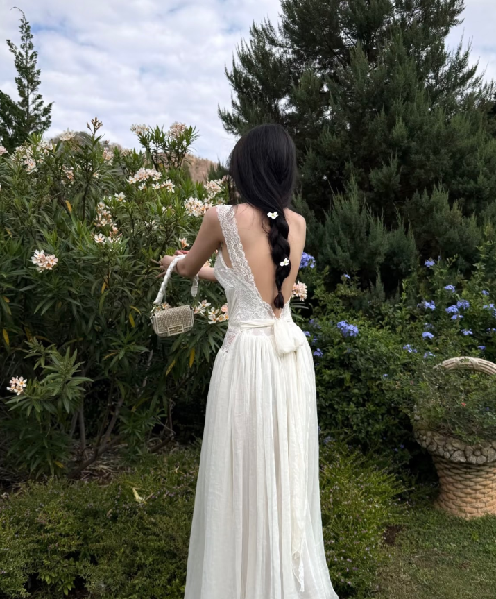 Elegant A Line Straps White Lace Satin Backless Long Prom Dress Evening Dress SH8796