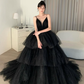 Black Ball Gown Spaghetti Strap Layered Sequin Tulle Prom Dress SH5101