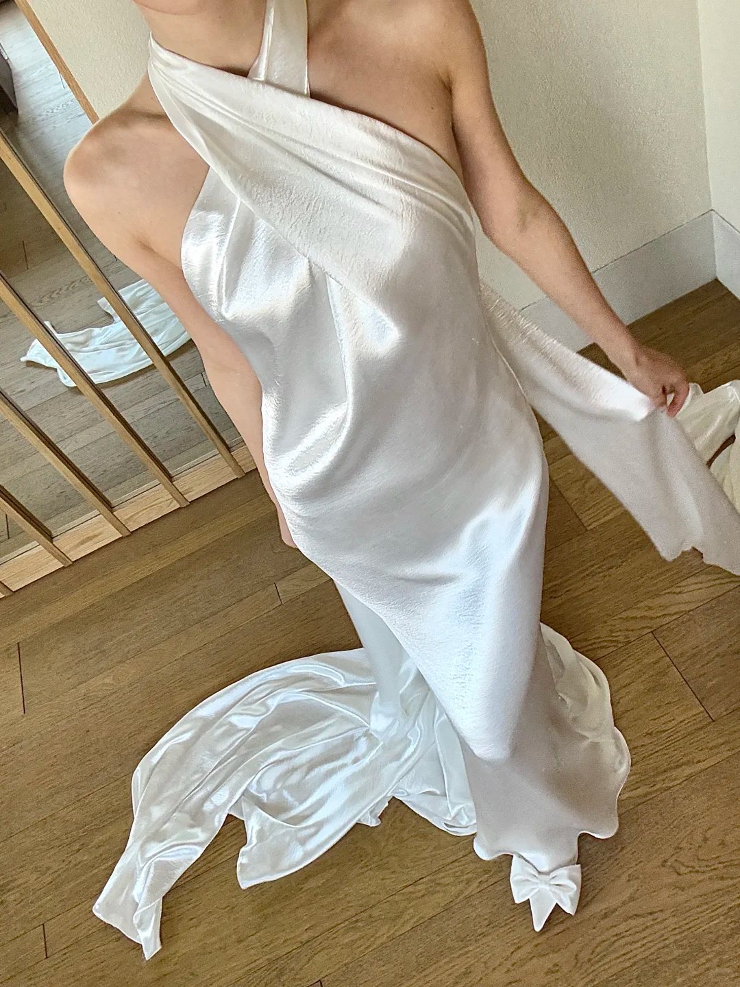 Charming Mermaid Halter White Satin Open Back Long Wedding Dress SH4756