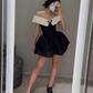 Stunning A Line Off the Shoulder White Black Satin Short Homecoming Dress Birthday Dress SH3026