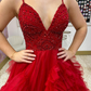 Charming Red A Line Spaghetti Strap Beaded Tulle Long Prom Dress Evening Dress SH6802