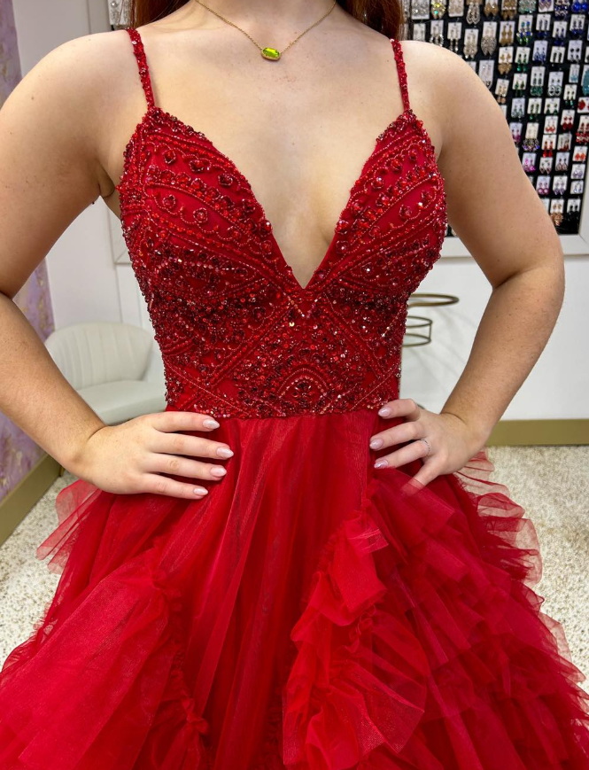 Charming Red A Line Spaghetti Strap Beaded Tulle Long Prom Dress Evening Dress SH6802