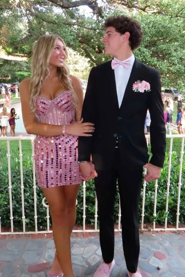 Sparkly Sheath Sweetheart Pink Short Homecoming Dress with Beading SH7458