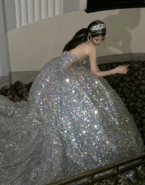 Stunning A Line Strapless Silver Sequin Long Prom Dress Graduation Prom Dress SH2459