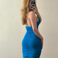 Blue Sheath Strapless Pleated Satin Tea Length Prom Dress Evening Dress SH6830