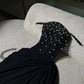 Sexy A Line Straps Exquisite Floral Beaded Black Chiffon Prom Dress Party Dress SH5338