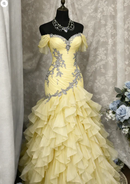 Blue Dreamy Mermaid Exquisite Beaded Layered Ruffle Tulle Prom Dress Evening Gown SH5422