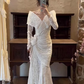 Vintage Mermaid Long Sleeve White Lace Long Prom Dress Wedding Dress SH5159