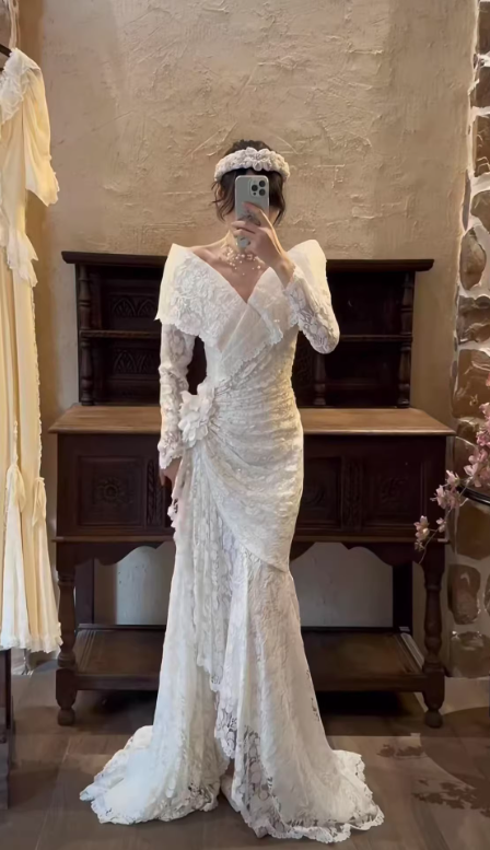 Vintage Mermaid Long Sleeve White Lace Long Prom Dress Wedding Dress SH5159