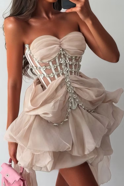 Graceful Strapless Sleeveless Sweetheart Ruffles Short Homecoming Dress with Rhinstone SH7506