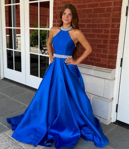 Royal Blue Ball Gown Halter Beaded Satin Long Prom Dress Evening Dress SH6583