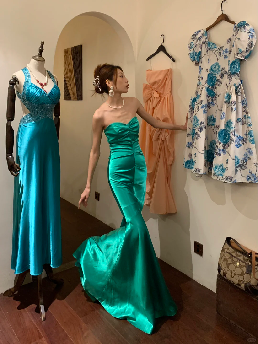 Vintage Mermaid Sweetheart Neck Pleated Green Satin Long Party Dress Cocktail Dress SH2946