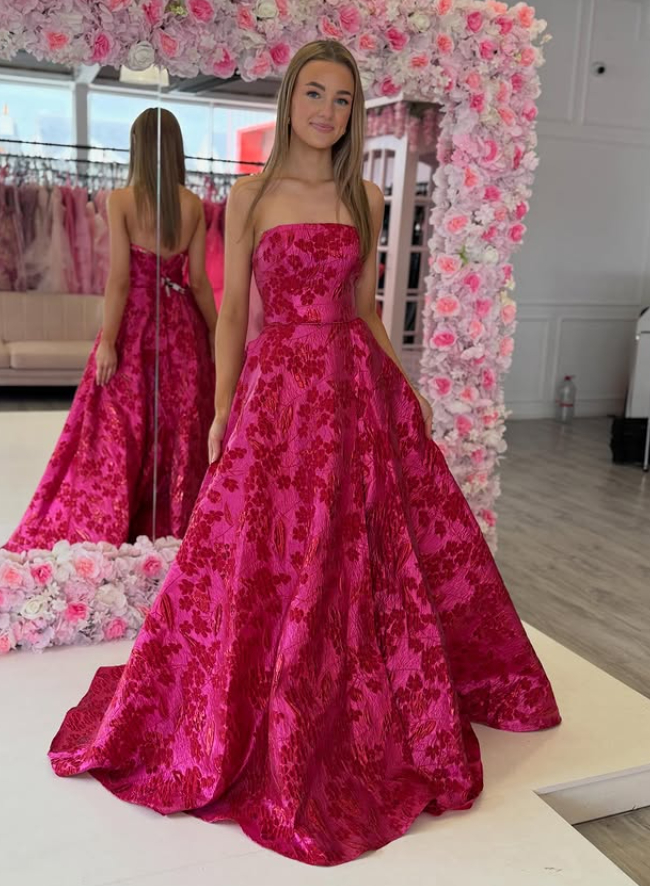 Dark Pink Print Floral A Line Strapless Satin Long Prom Dress Evening Dress SH6661