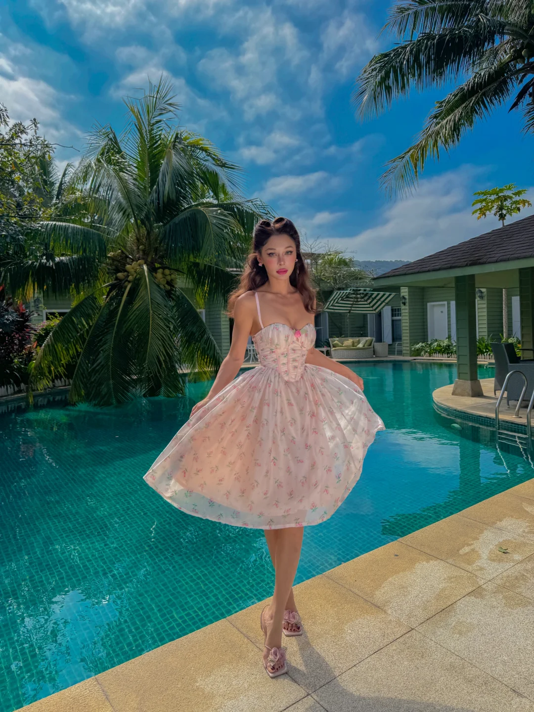 Cute A Line Spaghetti Strap Pink Print Floral Chiffon Short Vacation Dress Outfits SH4288