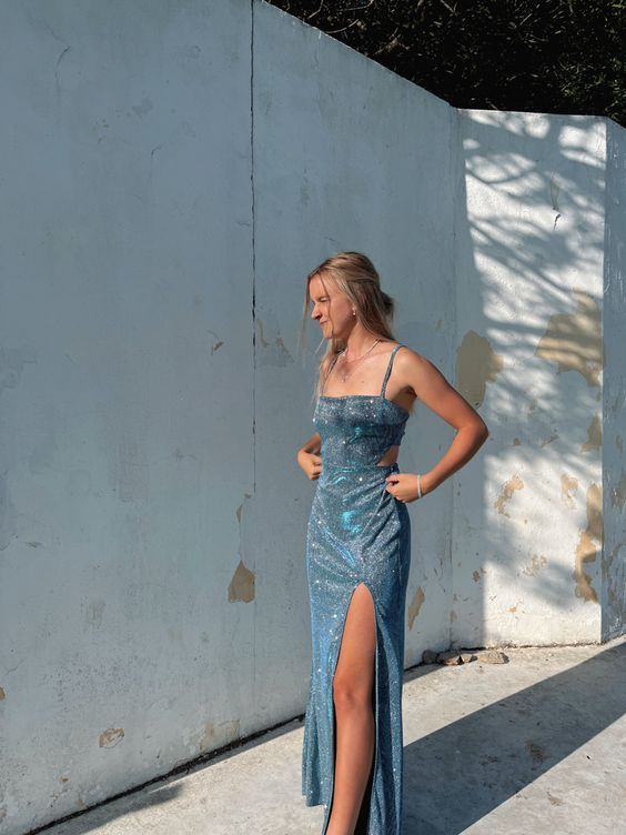 Shiny Spaghetti Straps Satin Mermaid Slitprom Dress Long Evening Dress SH896