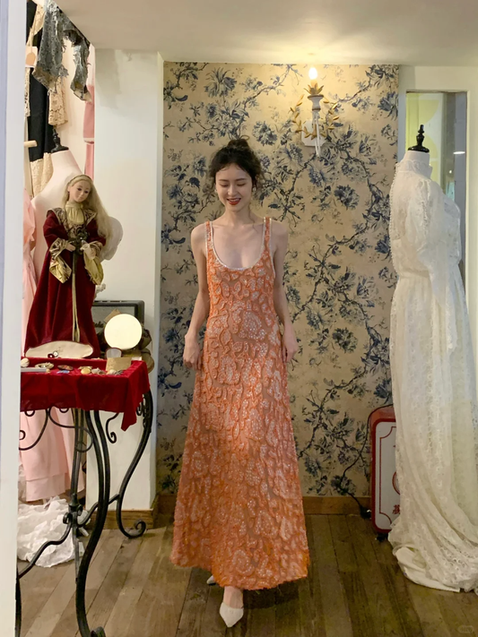 Vintage Exquisite A Line Straps Orange Beaded Tulle Prom Dress Wedding Guest Dress SH4497