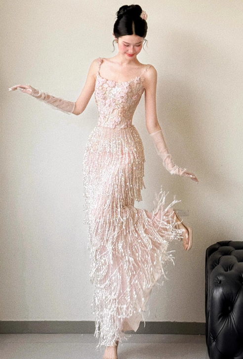 Exquisite Sheath Spaghetti Strap Beaded Tulle Prom Dress Evening Dress Party Dress SH4091