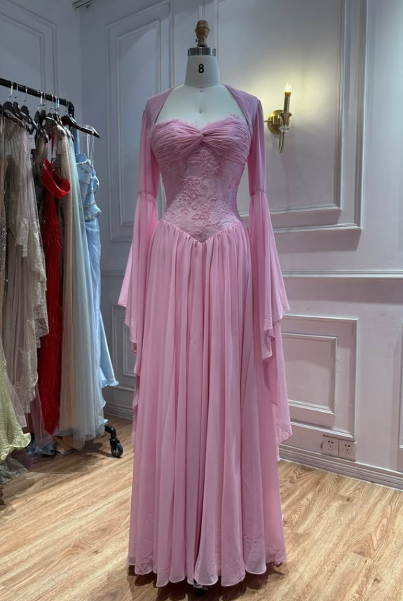 Gentle Pink Long Sleeve Chiffon Lace Long Prom Dress Evening Dress SH8947