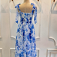 Blue Flower A Line Straps Chiffon Long Prom Dress with Slit SH1805