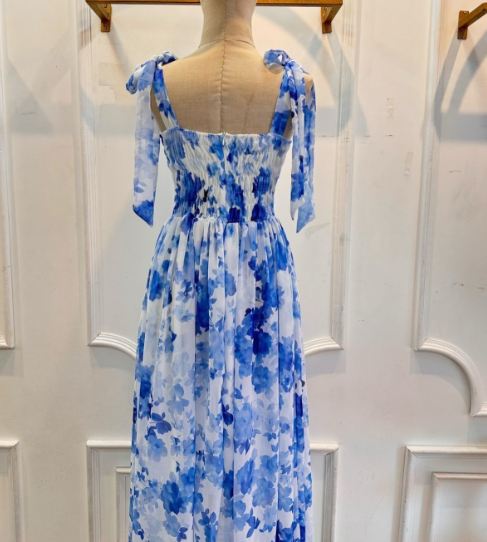 Blue Flower A Line Straps Chiffon Long Prom Dress with Slit SH1805