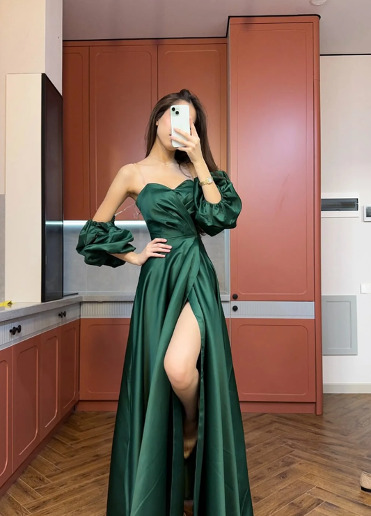 Emerald A Line Off the Shoulder Satin Prom Dress Wedding Guest Dress with Slit SH6017
