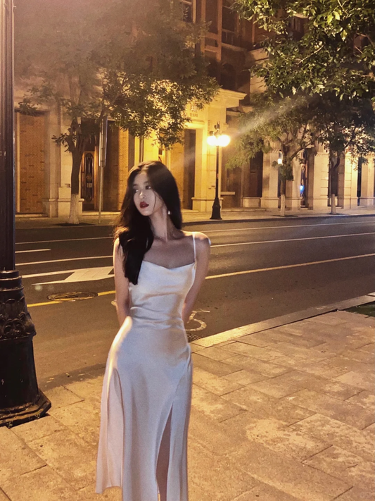 White Simple A Line Spaghetti Strap Satin Prom Dress Outfits with Slit SH4484