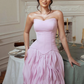 Pink A Line Strapless Ruffle Chiffon Satin Prom Dress Evening Dress SH6404