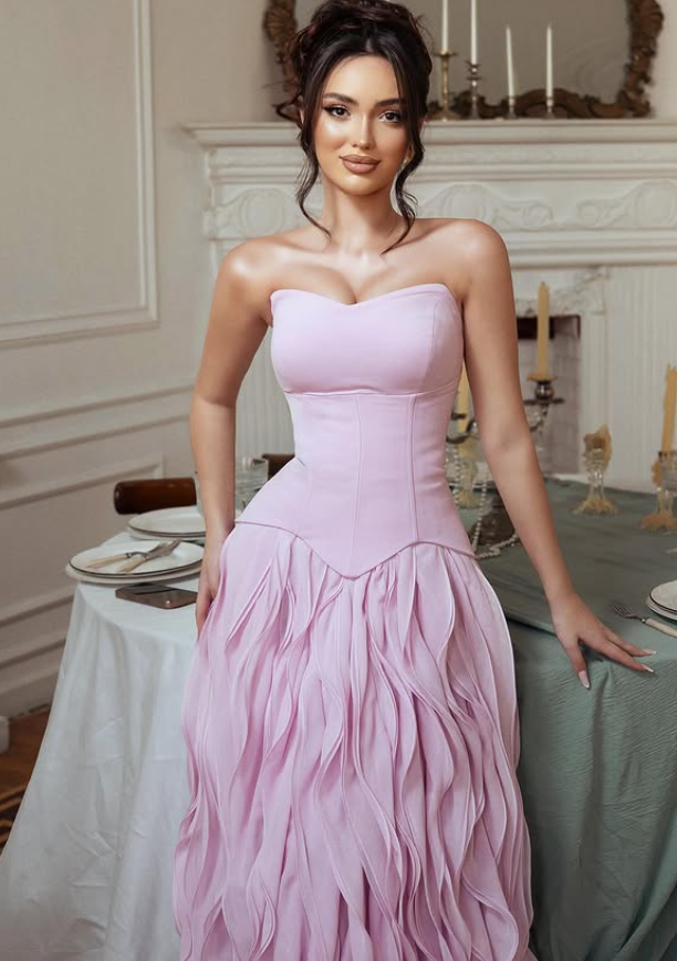 Pink A Line Strapless Ruffle Chiffon Satin Prom Dress Evening Dress SH6404