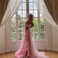 Charming Pink Strapless High Slit Flower Prom Dress SH717