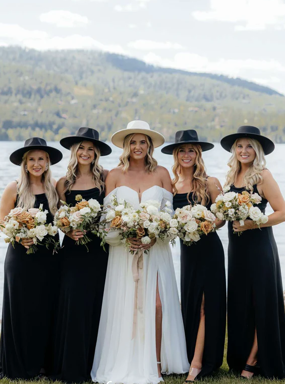 Black Elastic Satin Spaghetti Strap Side Slit Long Bridesmaid Dresses SH5588