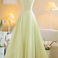 Gentle A Line Spaghetti Strap Green Chiffon Long Prom Dress Evening Dress SH2629