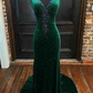 Green V-Neck Velvet Long Mermaid Prom Dress With Beaded SH834