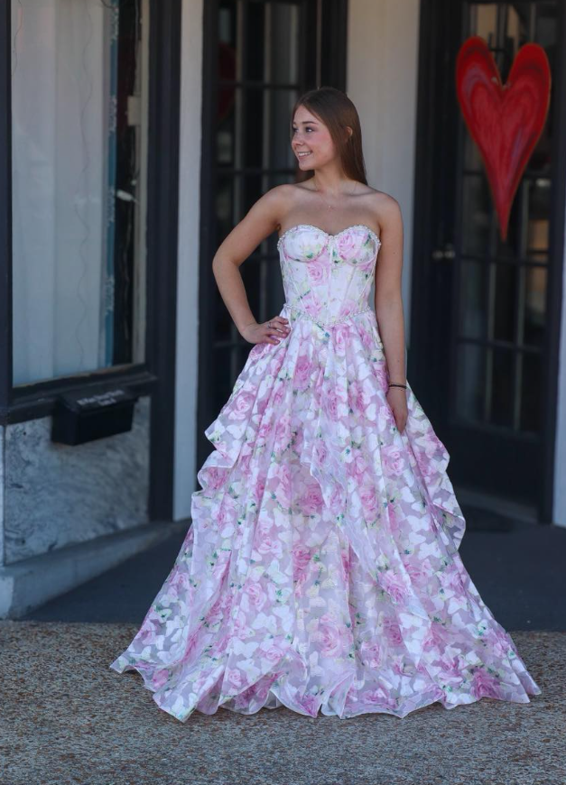 Sweety Pink Ball Gown Strapless Print Floral Tulle Long Prom Dress Evening Dress SH6587