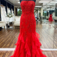 Ruffle Red Lace Prom Dresses Mermaid Tulle Long Formal Evening Dress SH827