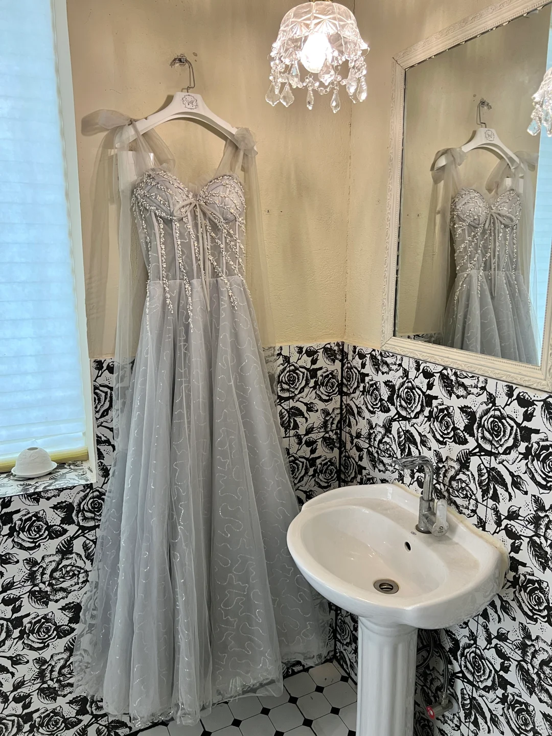 Grey A Line Spaghetti Strap Beaded Corset Tulle Prom Dress Evening Dress SH3860