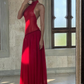Charming Red A Line Halter Tulle Chiffon Long Prom Dress Evening Dress SH1947