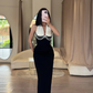 Classic Black-white Sheath Halter Pearl Satin Long Prom Dress Evening Dress SH7300