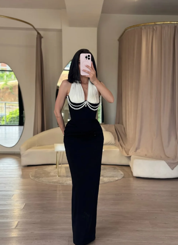 Classic Black-white Sheath Halter Pearl Satin Long Prom Dress Evening Dress SH7300