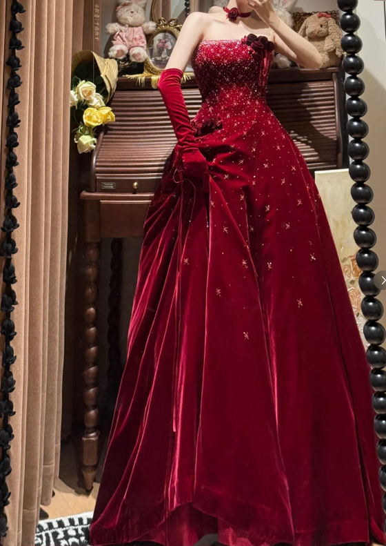 Burgundy A Line Strapless Beaded Velvet Long Prom Dresses 16th Birthday Dresses SH4635