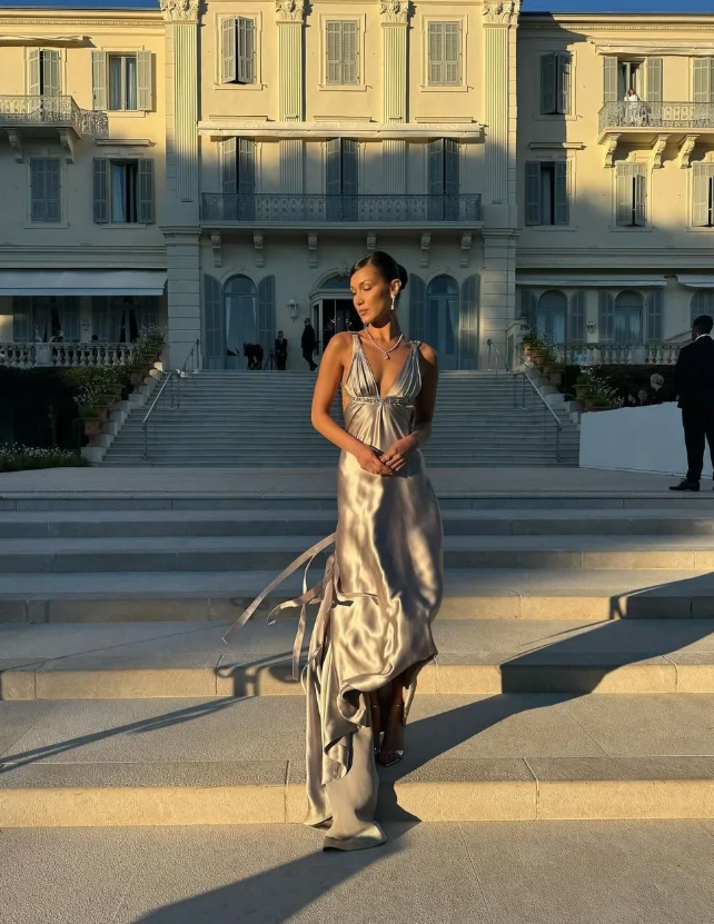 Elegant A Line V Neck Beaded Grey Satin Long Backless Prom Dress Wedding Guest Dress SH5360