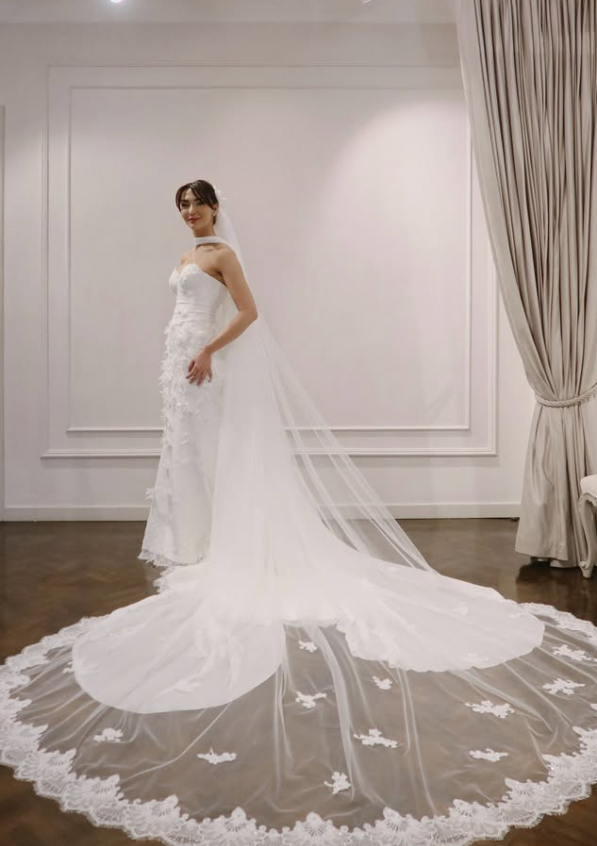 Romantic Mermaid Strapless Beaded Floral White Satin Long Train Wedding Dress SH6187