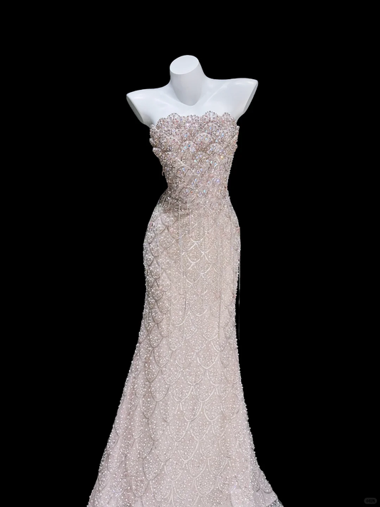 Stunning Light Pink Strapless Mermaid Layered Sequin Long Prom Dress SH5004