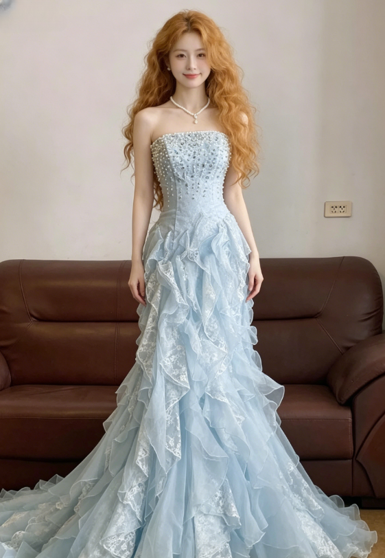 Baby Blue Mermaid Exquisite Beaded Layered Chiffon Lace Graduation Prom Dress Wedding Guest Dress SH5430