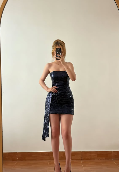Charming Black Sheath Strapless Sequin Short Prom Dress Homecoming Dress Outfits SH6844