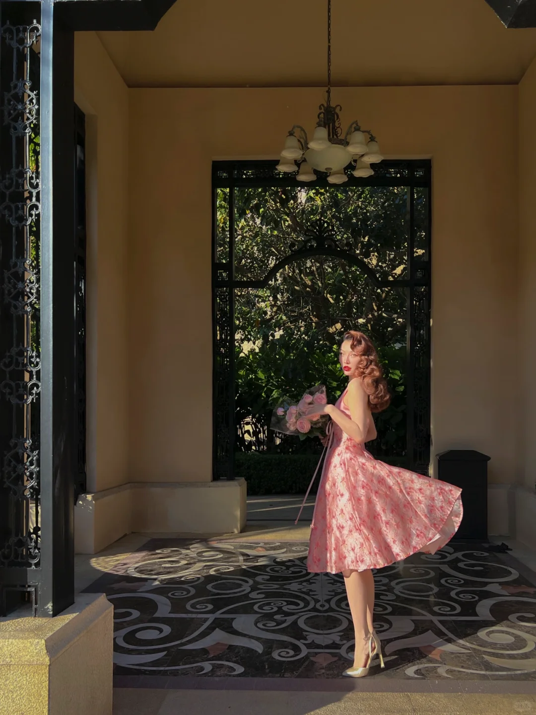Pink Vintage A Line Halter Print Floral Chiffon Short Homecoming Dress Outfits SH4236