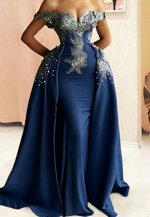 Mermaid Evening Dress Off Shoulder Silver Lace Embroidery Prom Dresses SA692