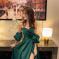 Emerald A Line Off the Shoulder Satin Prom Dress Wedding Guest Dress with Slit SH6017
