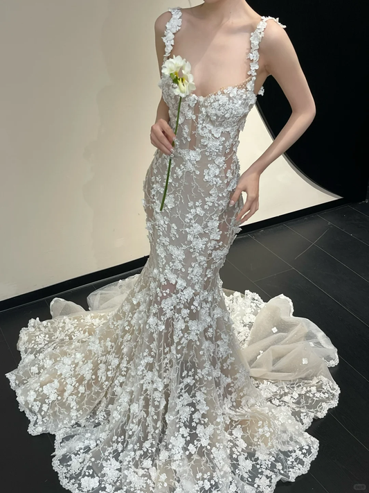 Stunning Mermaid Spaghetti Strap Floral Tulle Long Sweep Wedding Dress Prom Dress SH4718