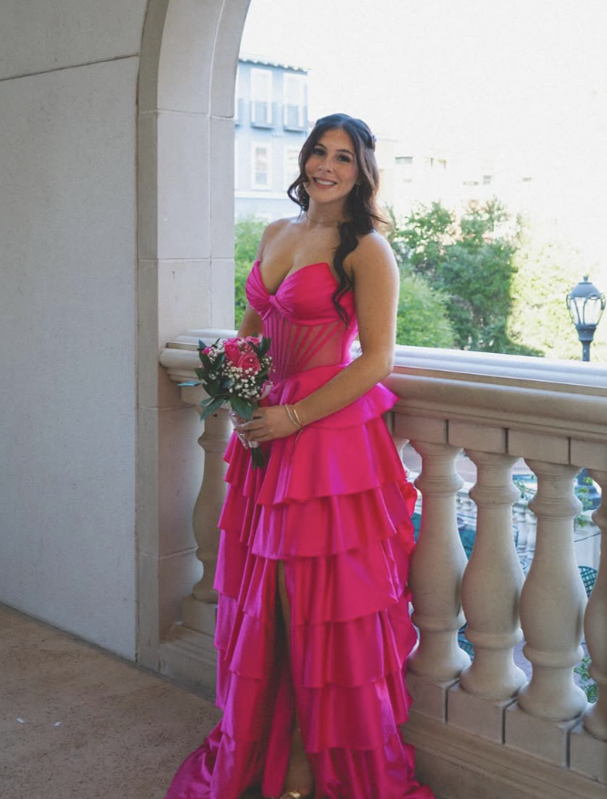 Hot Pink A Line Sweetheart Neck Corset Layered Satin Long Prom Dress Date Dress SH6514
